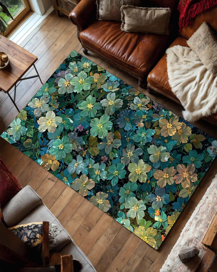 Cottagecore Floral Area Rug, Botanical Flower Carpet for Living Room or Bedroom, Nature Inspired Green Blue Pattern, Modern Teal Home Decor