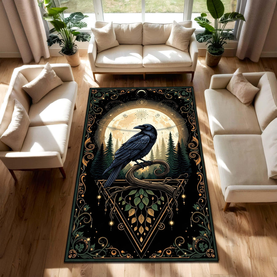 Gothic Raven Rug, Mystical Forest Carpet with Moon and Crow, Dark Aesthetic Rug for Living Room, Witchy Decor Gothic Crowcore Art Area Rug