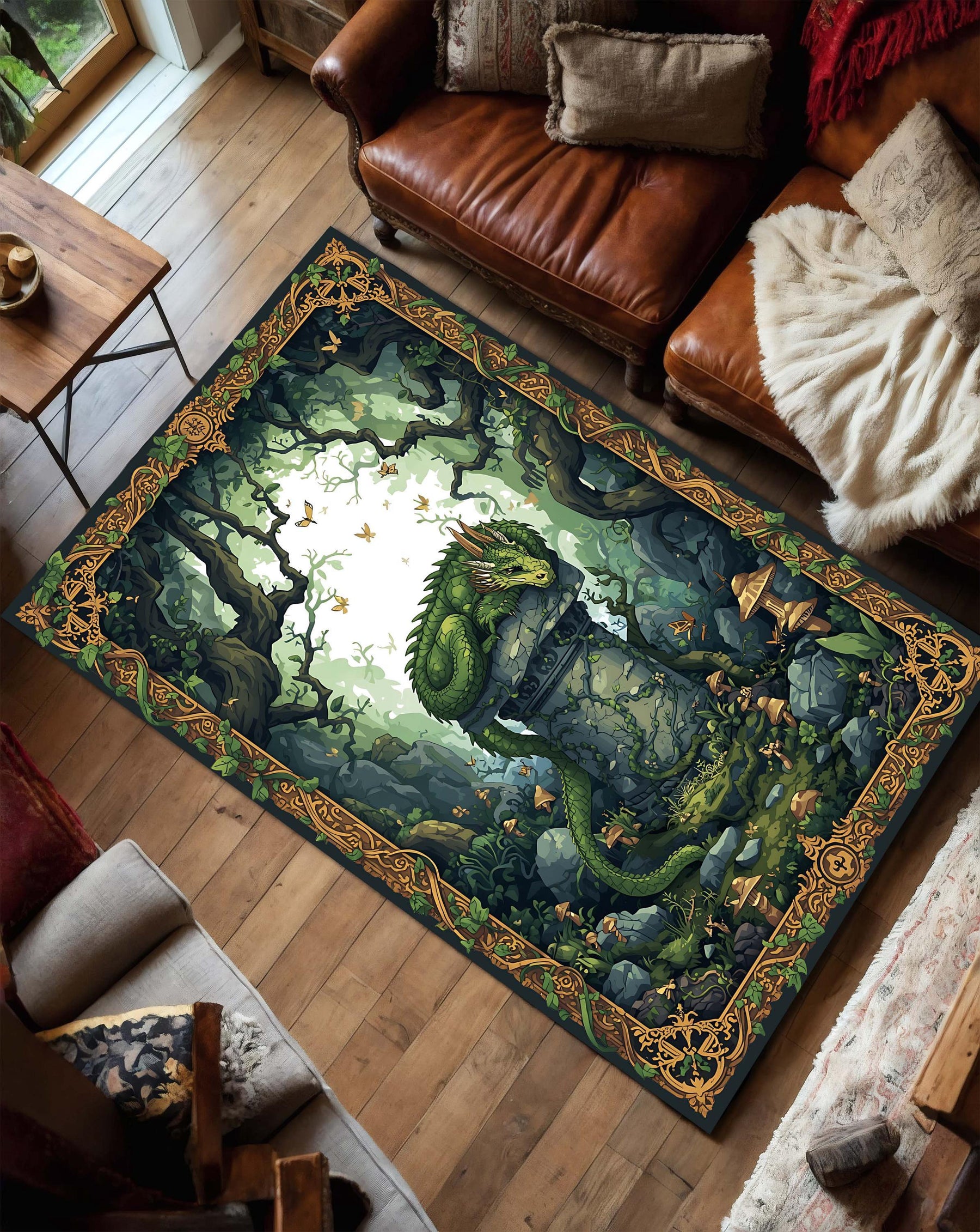 Green Dragon Forest Area Rug with Celtic Border – Fantasy Art Carpet for Living Room Gamer Den DnD Tabletop, Witchcore Cottage Decor Gift