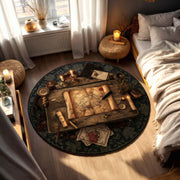 Vintage Explorer Map Rug, Round Adventure Carpet with Candles, Quill & Treasure Scrolls, Steampunk and Historical Decor for Study Rooms