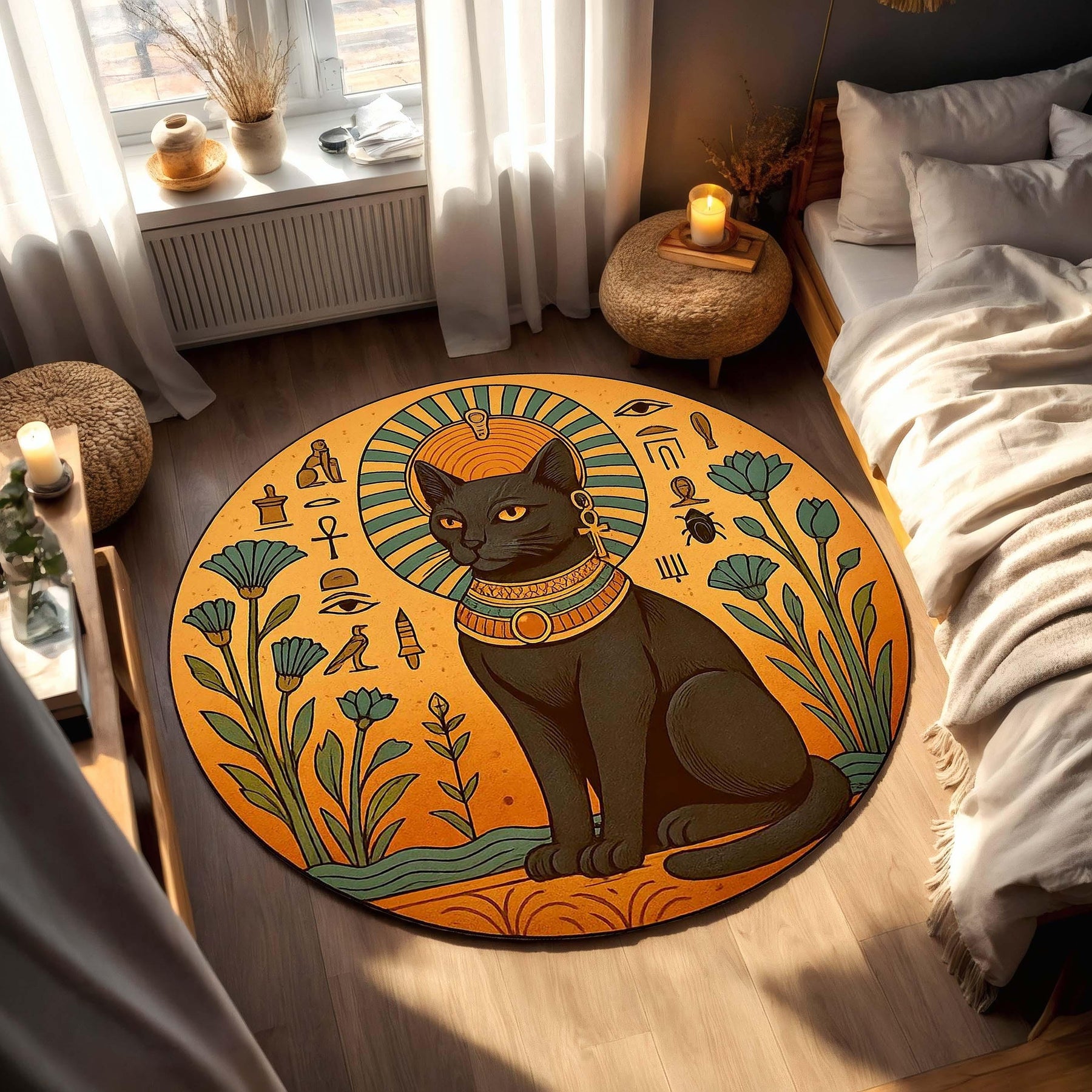 Egyptian Black Cat Rug, Bastet Round Carpet, Witchy Ankh Eye of Horus Decor, Sun Symbol Esoteric Mat for Cat Lovers and Spiritual Homes