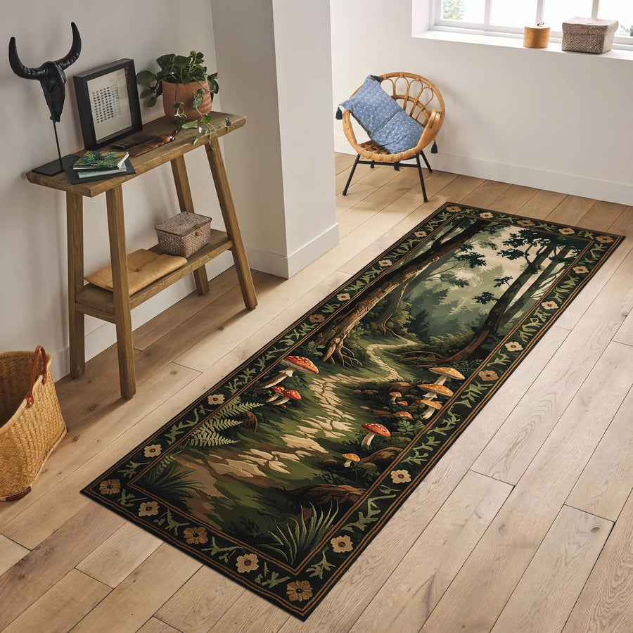 Mushroom Forest Runner Rug, Cottagecore Woodland Path Carpet, Whimsical Nature Hallway Rug, Fairycore Forest Decor, Soft Washable Rug