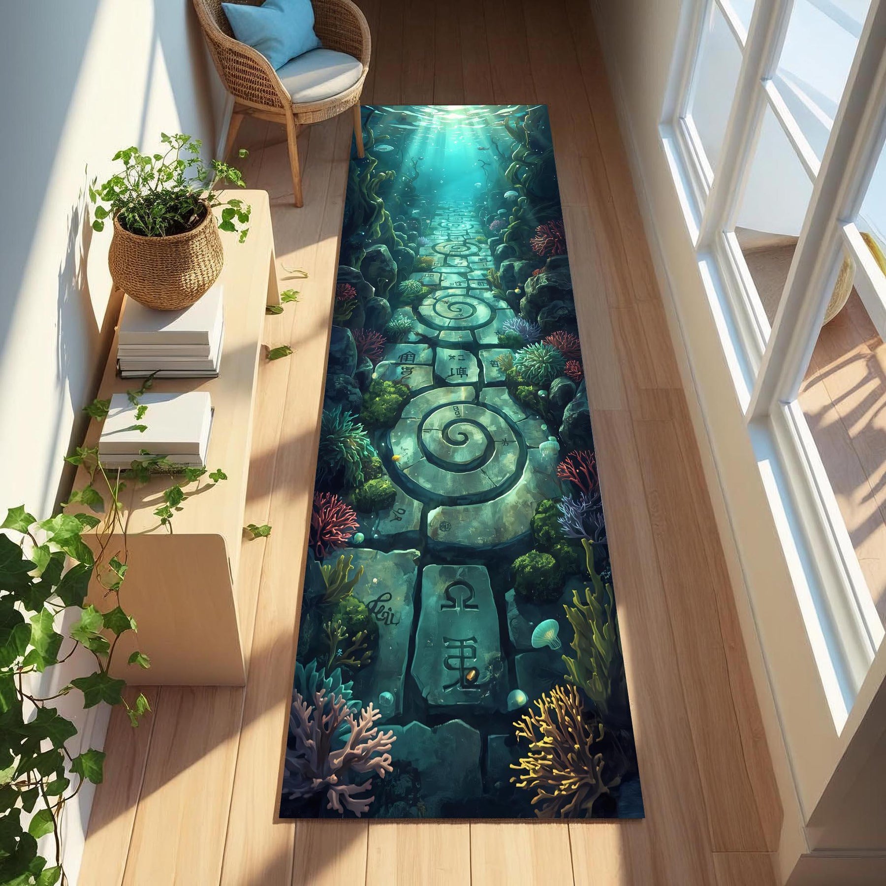 Underwater Spiral Path Runner Rug, Ocean Temple Hallway Carpet, Deep Sea Fantasy Floor Decor