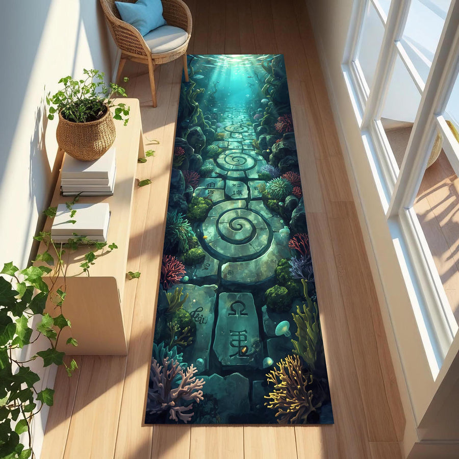 Underwater Spiral Path Runner Rug, Ocean Temple Hallway Carpet, Deep Sea Fantasy Floor Decor
