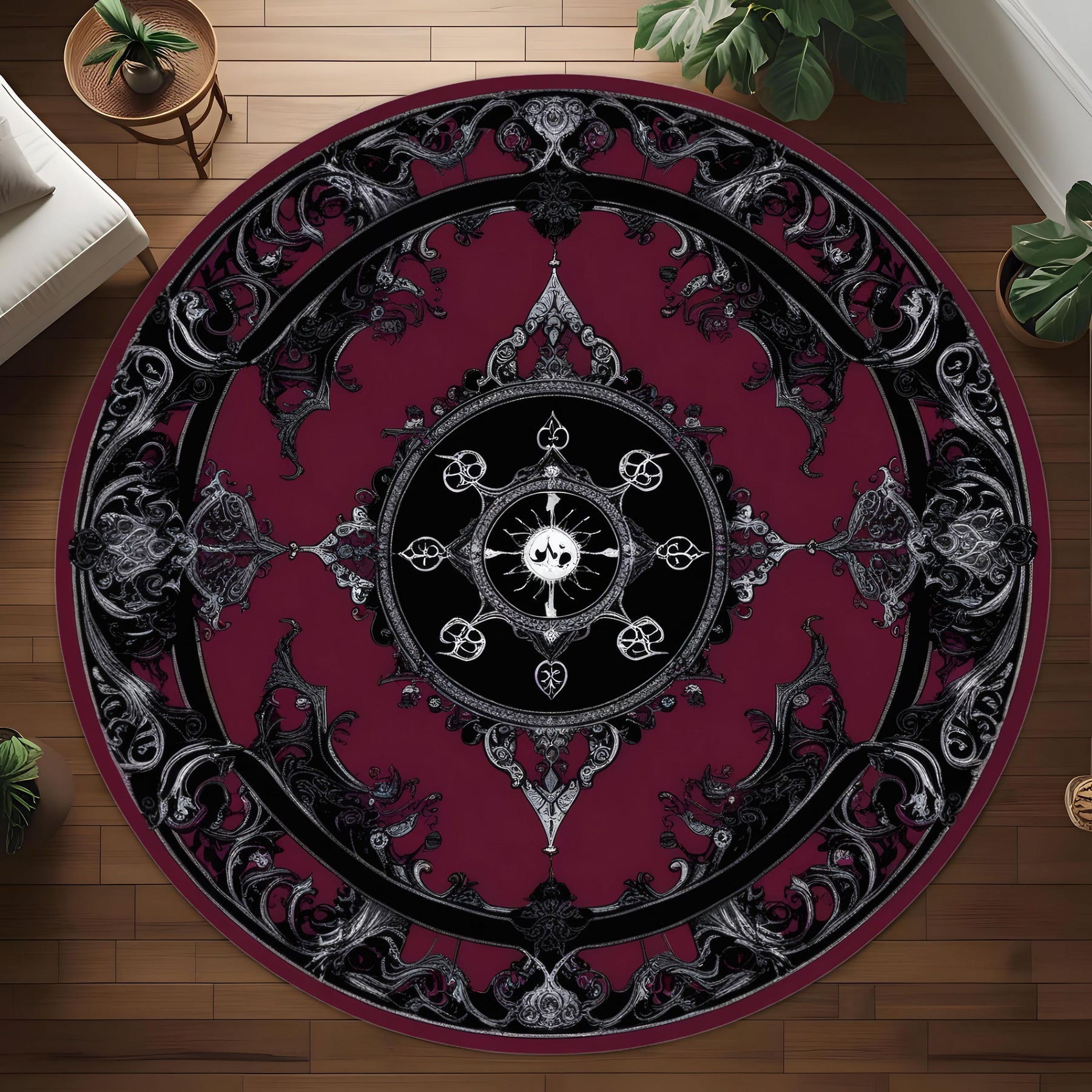 Gothic Round Rug, Dark Baroque Sun and Moon Carpet, Black and Burgundy Mandala Rug, Occult Witchy Aesthetic Floor Decor, Gothic Room Carpet