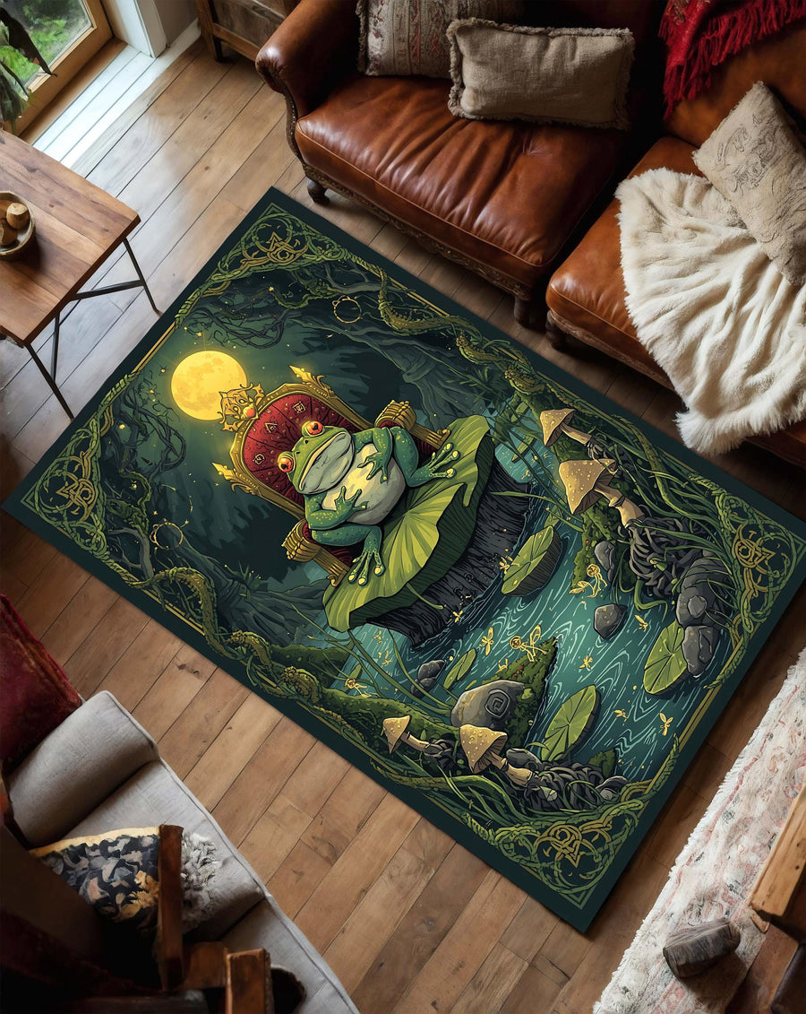 Frog King Wizard Area Rug, Enchanted Woodland Pond Carpet, Cottagecore Fairy Tale Decor, Moonlit Lily Pad Fantasy Floor Mat for Living Room