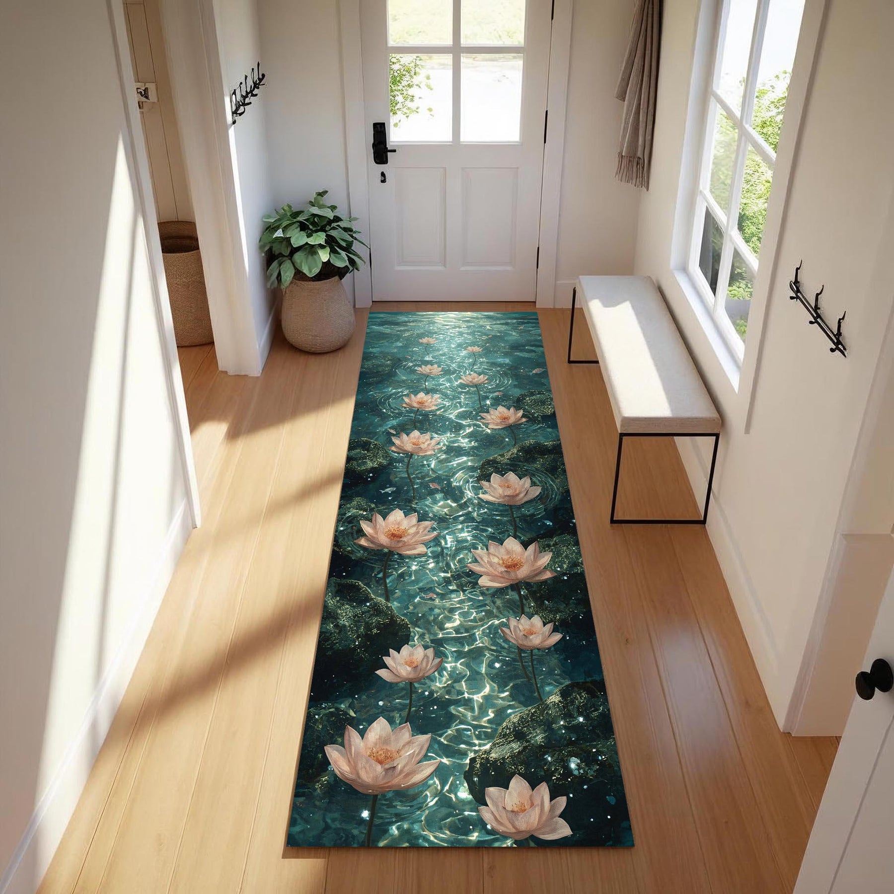 Water Lily Runner Rug, Peaceful Zen Floral Hallway Carpet, Lotus Pond Path Rug, Spa Inspired Tranquil Blue Floor Mat, Floral Hallway Runner
