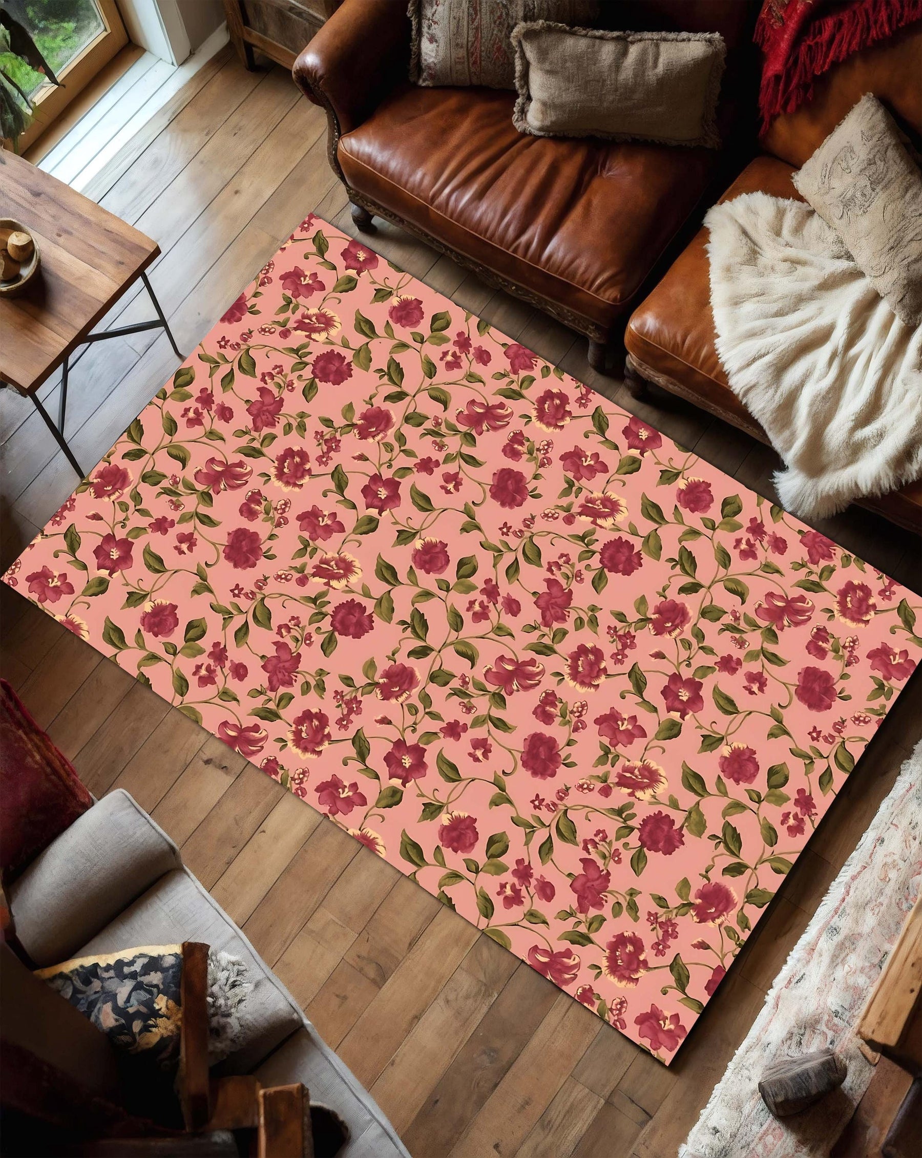 Pink Floral Area Rug with Burgundy Blossoms, Botanical Pattern Carpet for Living Room or Bedroom, Boho Cottagecore Home Decor Accent Mat