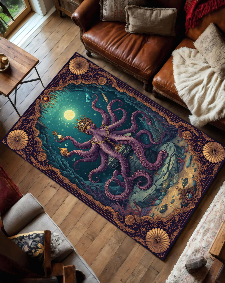 Octopus Area Rug, Nautical Kraken Carpet for Living Room, Whimsical Underwater Ocean Decor, Vintage Victorian Border, Purple Teal Boho