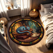 Baby Dragon Reading Rug, Cozy Fantasy Round Carpet with Books and Tea, Vitray-Style Library Decor, Book Lover Gift for Readers and Writers