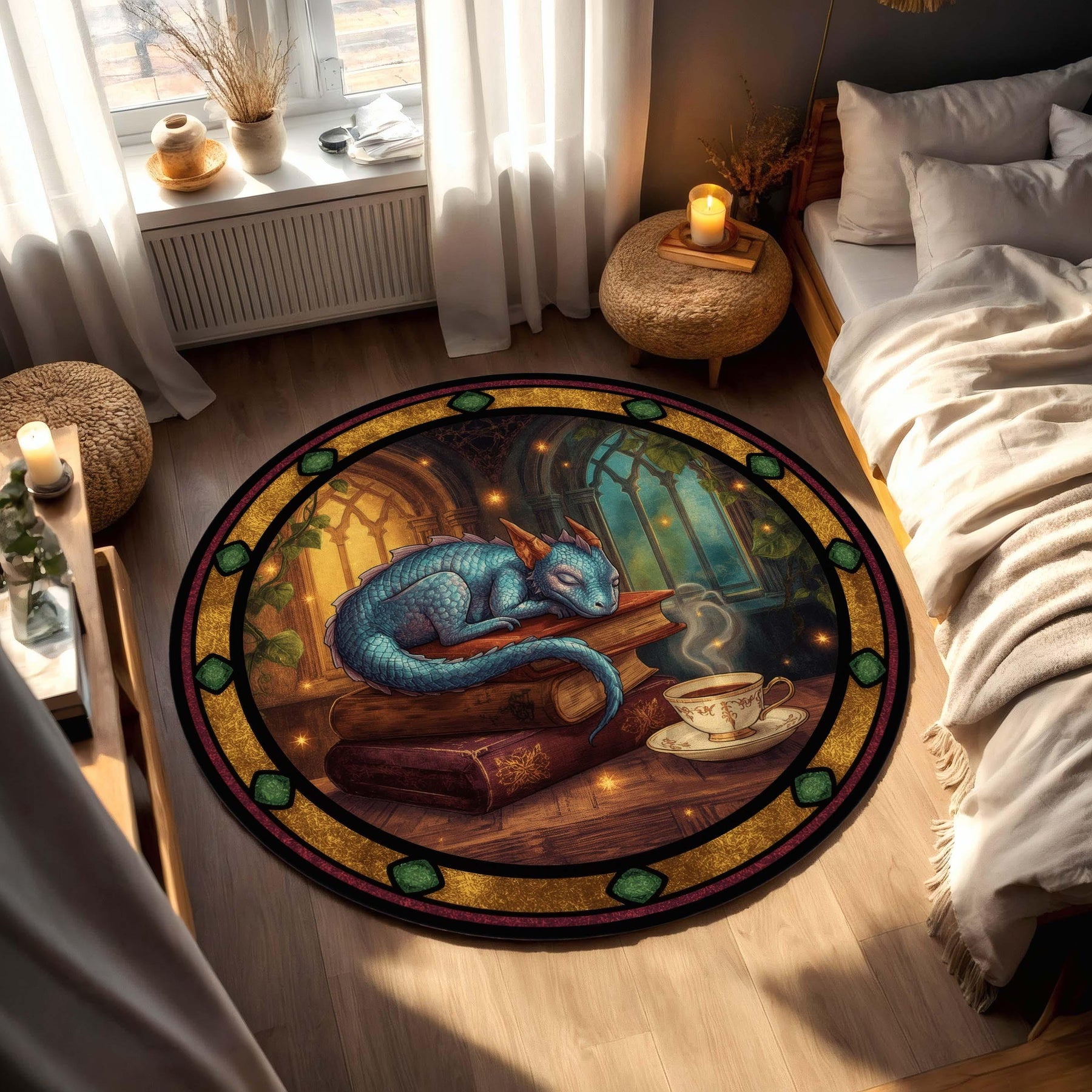 Baby Dragon Reading Rug, Cozy Fantasy Round Carpet with Books and Tea, Vitray-Style Library Decor, Book Lover Gift for Readers and Writers