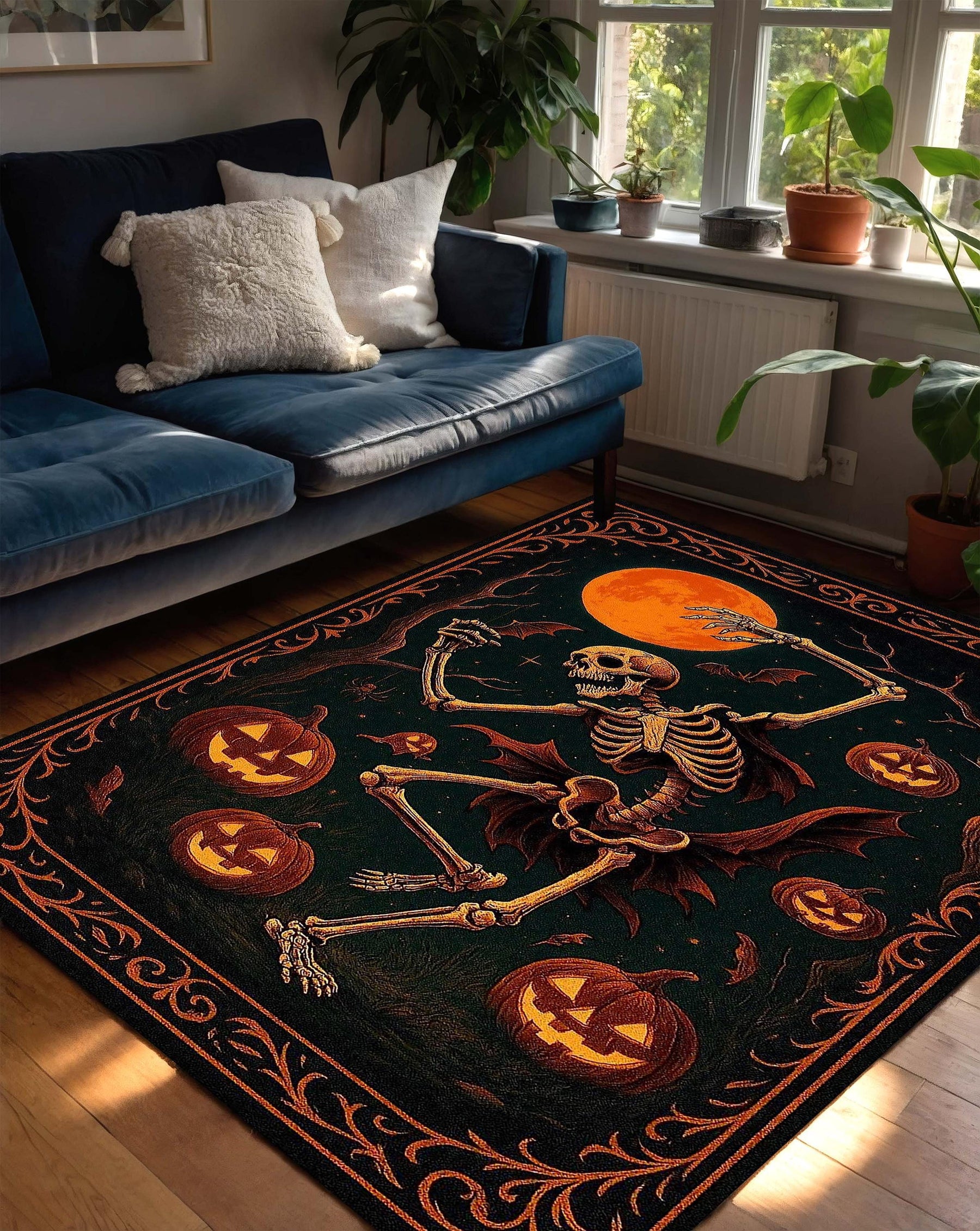 Dancing Skeleton Halloween Rug, Spooky Pumpkin Carpet with Full Moon and Bats, Vintage Halloween Decor for Living Room or Entryway