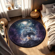 Celestial Tree of Life Round Rug, Mystical Galaxy Carpet with Birds and Moon, Spiritual Boho Floor Art for Living Room or Meditation Space