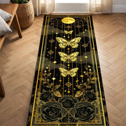 Golden Butterfly Moon Runner Rug, Gothic Celestial Hallway Carpet with Roses and Stars, Elegant Black and Gold Floor Decor for Witchy Homes