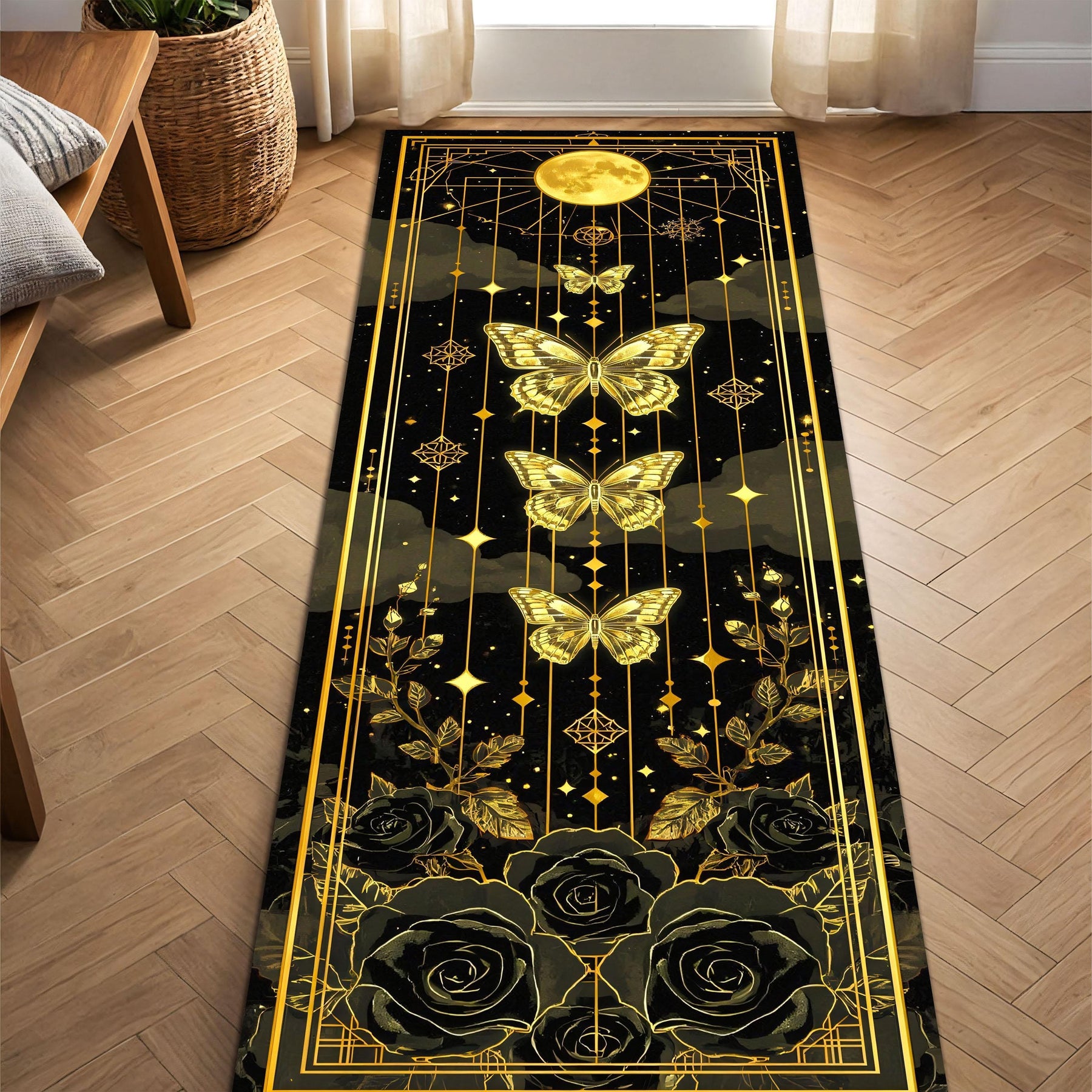 Golden Butterfly Moon Runner Rug, Gothic Celestial Hallway Carpet with Roses and Stars, Elegant Black and Gold Floor Decor for Witchy Homes
