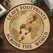 Round Travel Map Carpet with Footprint Design for Global Souls and Wanderlust Decor