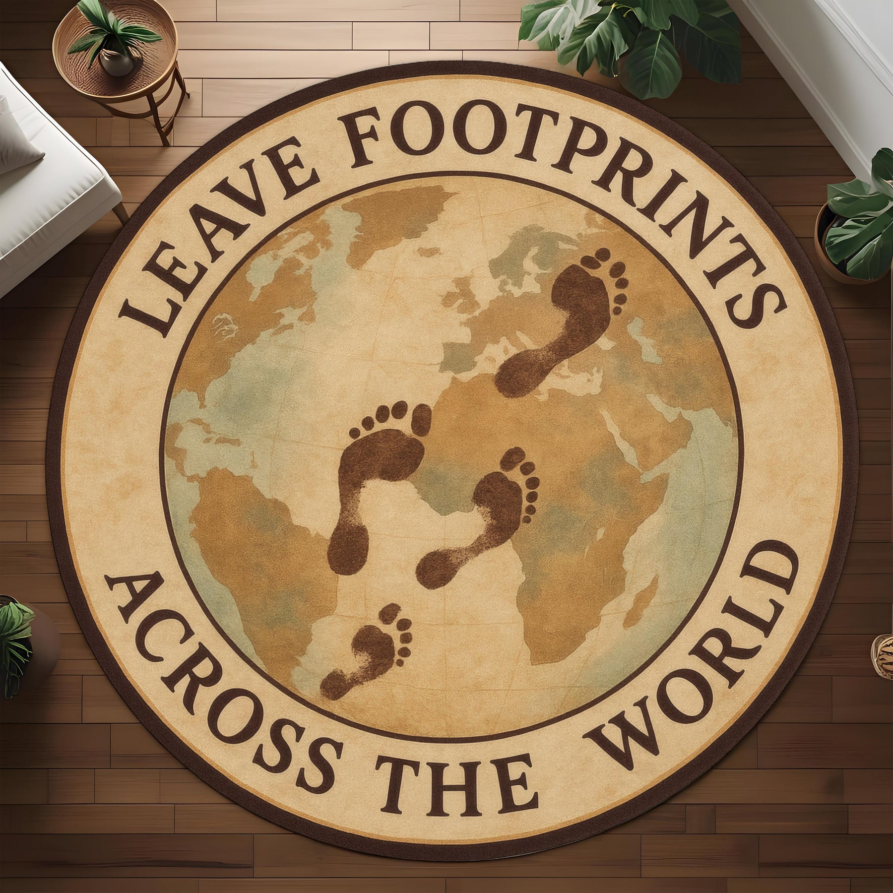 Round Travel Map Carpet with Footprint Design for Global Souls and Wanderlust Decor