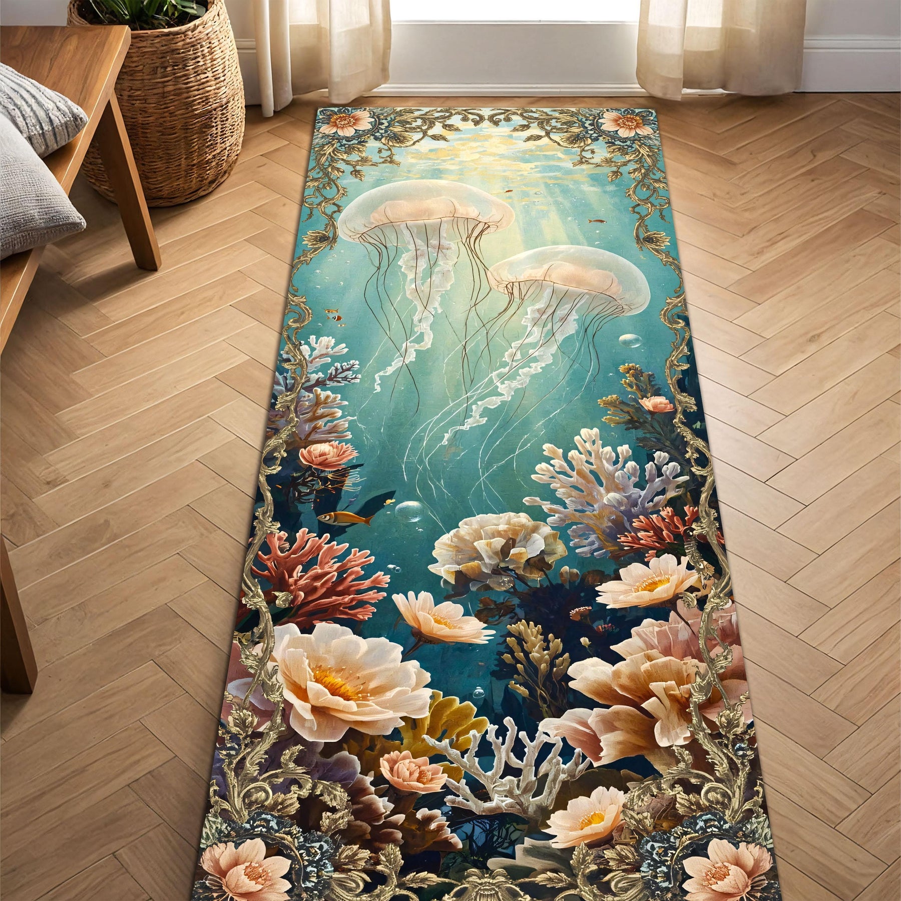Underwater Jellyfish Runner Rug, Elegant Ocean Carpet with Coral Reef and Flowers, Fantasy Marine Floor Decor for Coastal or Cottage Homes