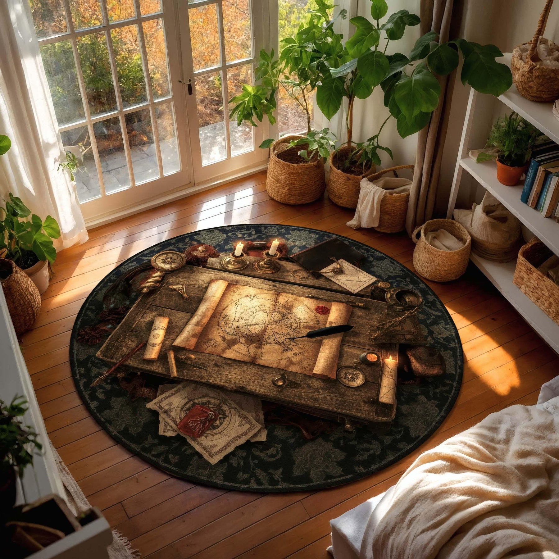 Vintage Explorer Map Rug, Round Adventure Carpet with Candles, Quill & Treasure Scrolls, Steampunk and Historical Decor for Study Rooms