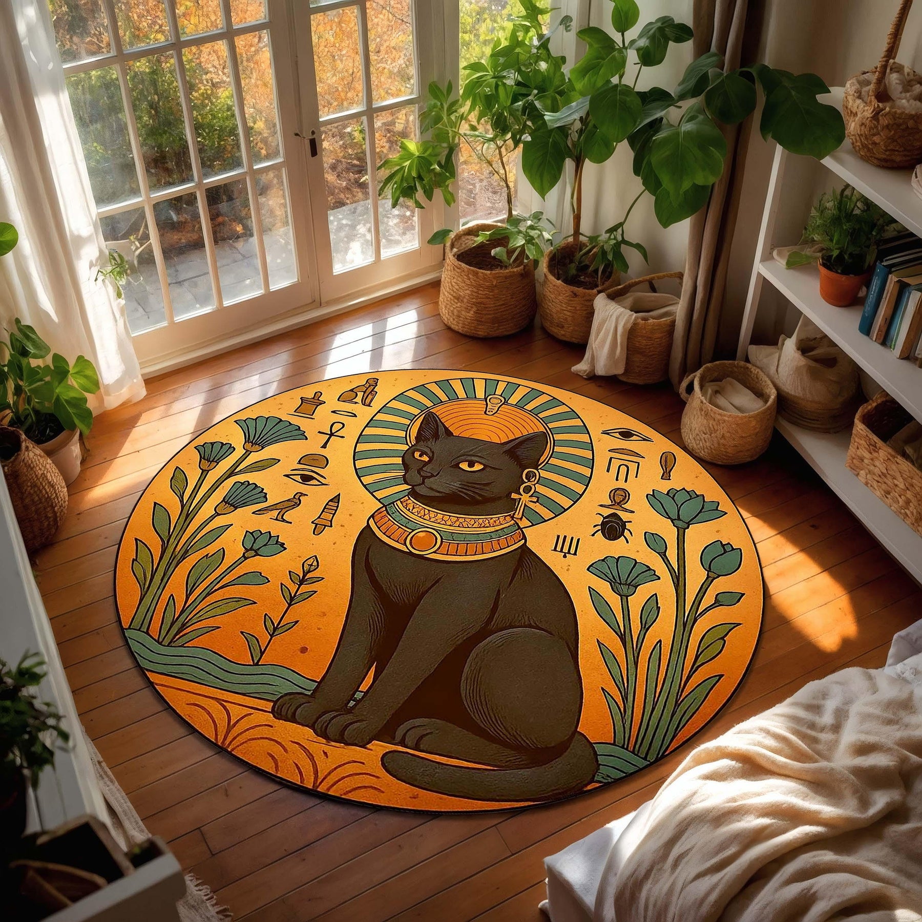 Egyptian Black Cat Rug, Bastet Round Carpet, Witchy Ankh Eye of Horus Decor, Sun Symbol Esoteric Mat for Cat Lovers and Spiritual Homes