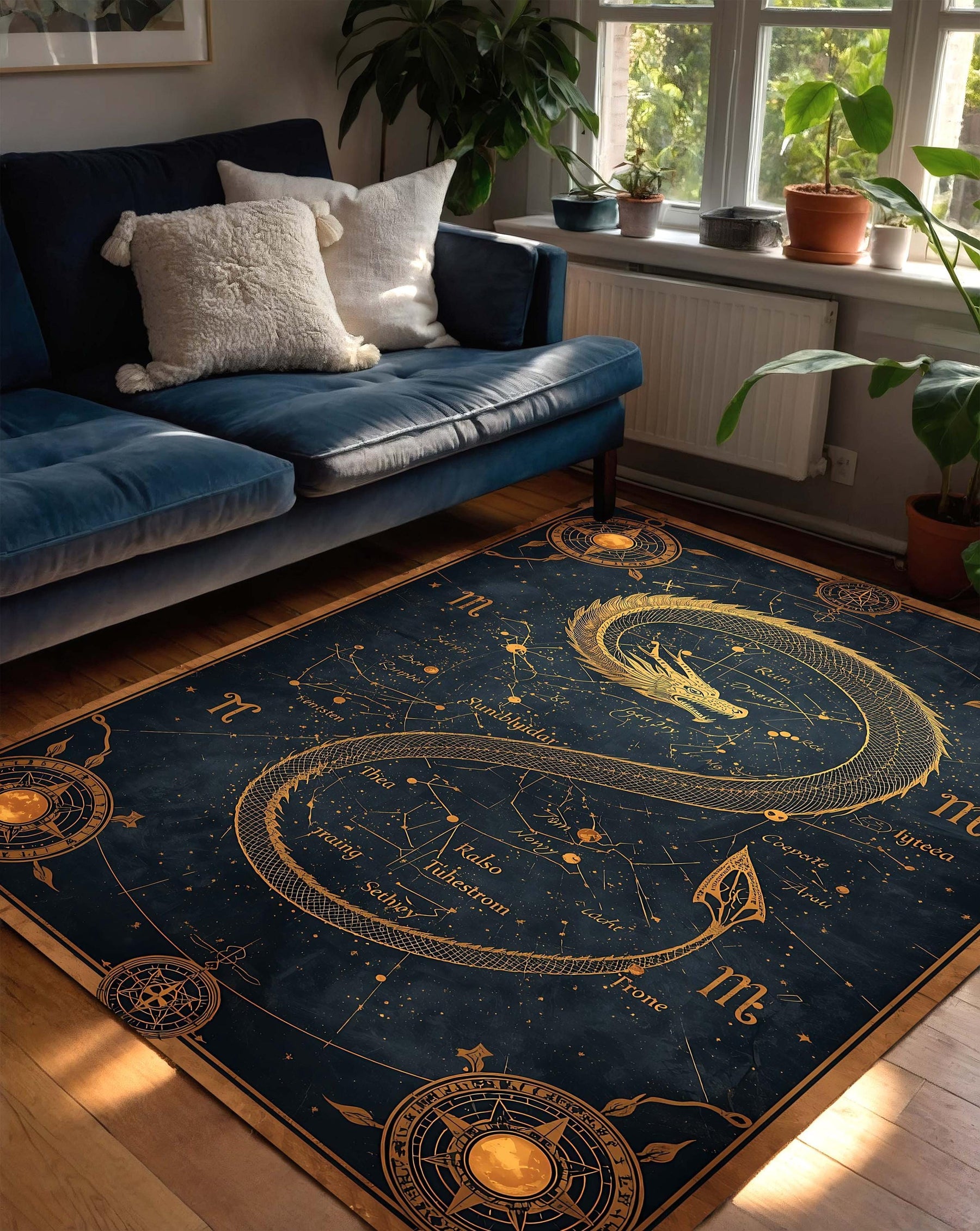 Celestial Ouroboros Serpent Star Map Rug, Vintage Astrology Constellation Chart Carpet in Navy and Gold, Mystical Occult Alchemy Decor