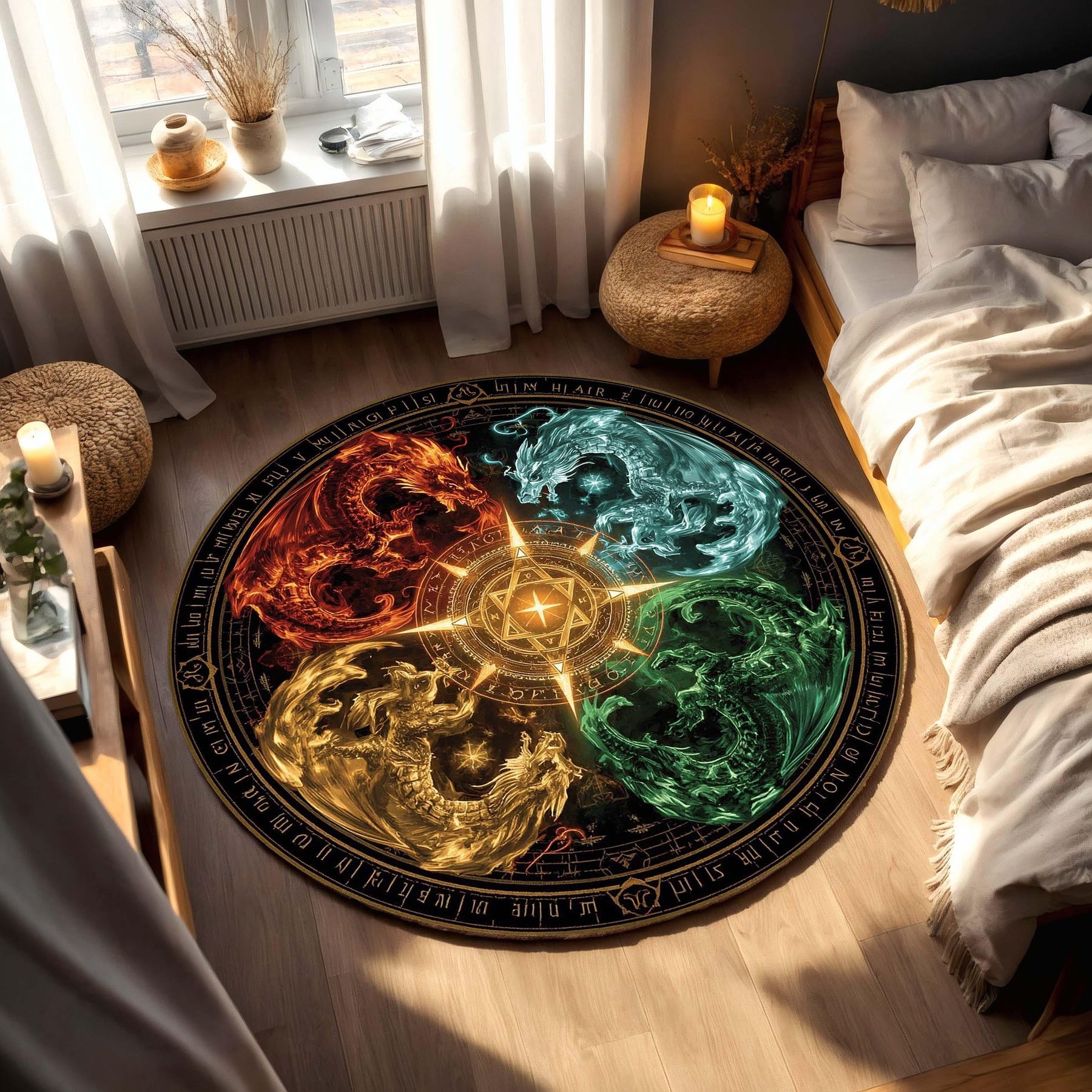 Round Elemental Dragon Rug With Fire Water Earth Air Symbols, Fantasy Magic Circle Carpet For Gamers Wizards Book Lovers And Mystic Decor