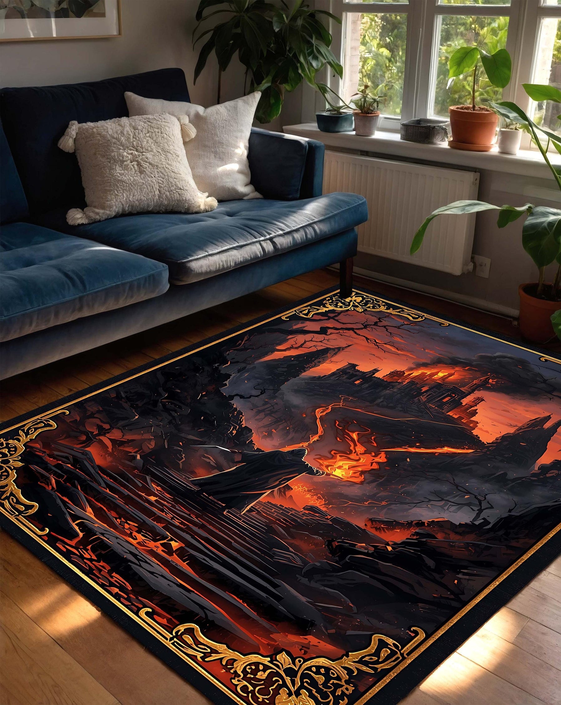 Dark Fantasy Burning Castle Area Rug, Lava Path Wizard Art Carpet for Living Room Bedroom Gamer Space & DnD Decor, Non Slip Soft Gift Rug