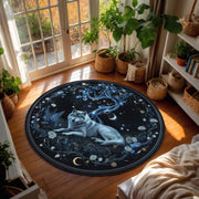 Celestial Wolf Round Rug | Moonlit Forest Carpet with Starry Tree & Night Sky | Mystical Animal Decor for Dreamy Interiors | Silver Wolf Rug