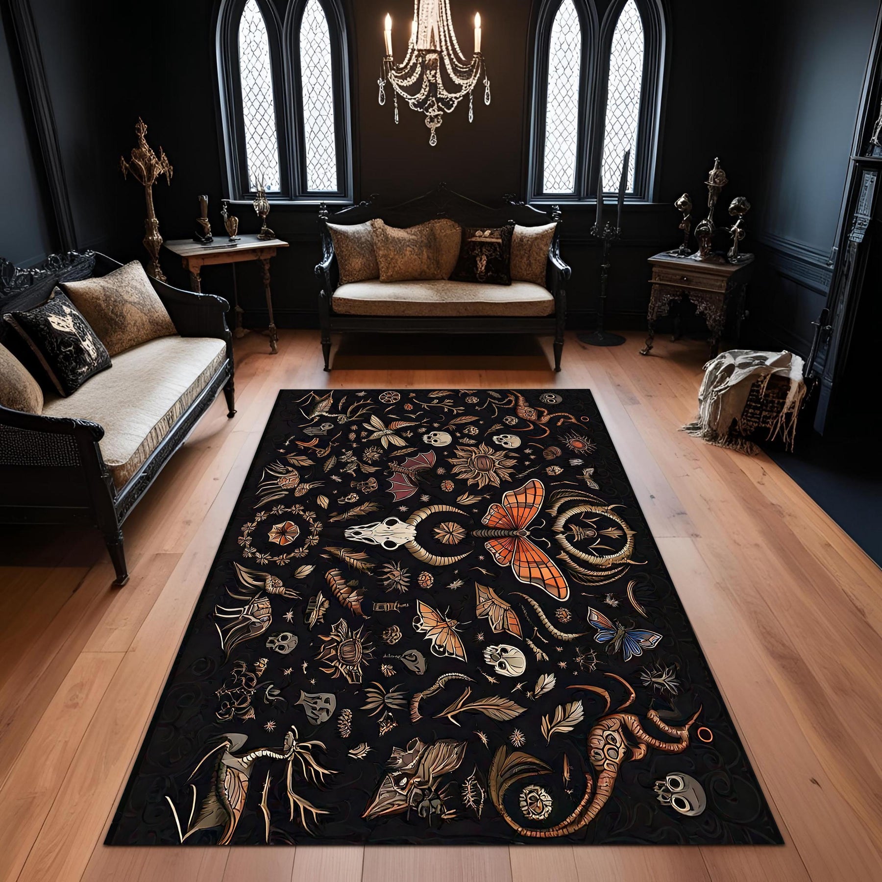 Gothic Skull and Moth Rug: Witchy Dark Forest Decor