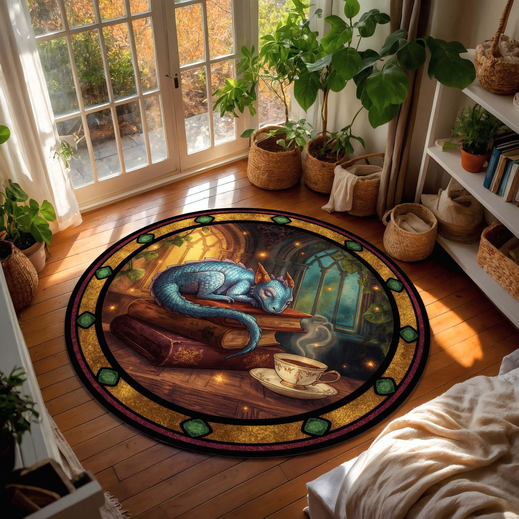 Baby Dragon Reading Rug, Cozy Fantasy Round Carpet with Books and Tea, Vitray-Style Library Decor, Book Lover Gift for Readers and Writers