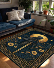 Medieval Tapestry Style Rug With Knight And Moon, Gothic Floral Carpet, Dark Fantasy Floor Rug For Castlecore Decor And Medieval Interiors