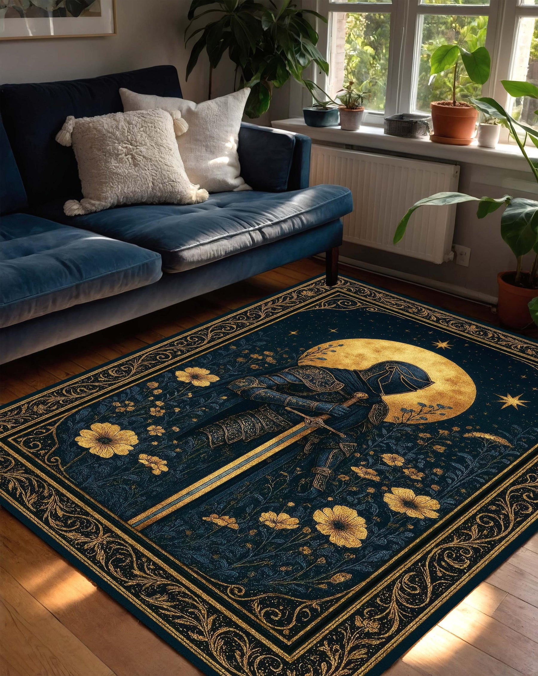 Medieval Tapestry Style Rug With Knight And Moon, Gothic Floral Carpet, Dark Fantasy Floor Rug For Castlecore Decor And Medieval Interiors