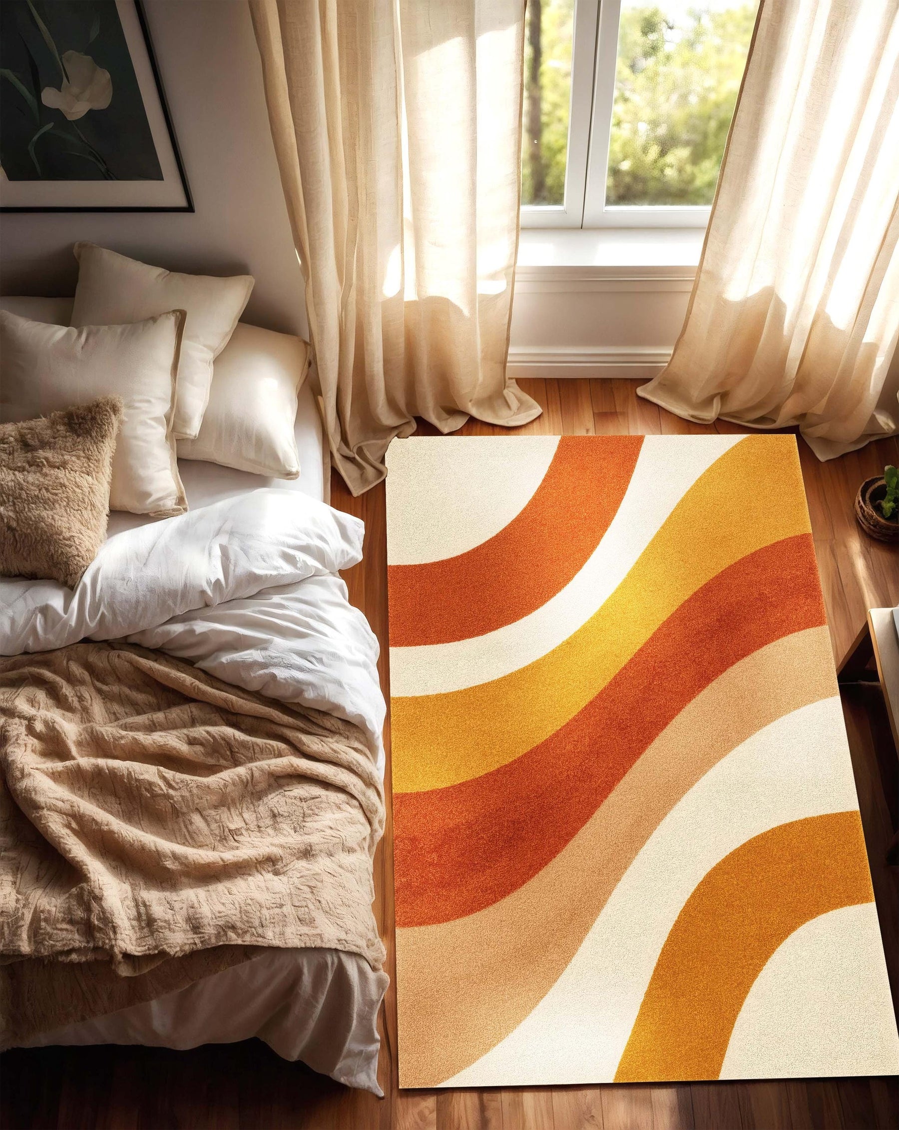 Retro Wavy Orange Area Rug | Mid Century Modern Warm Color Carpet | Groovy Pattern Washable Rug for Living Room or Bedroom Decor