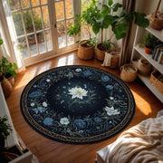 Dark Floral Round Area Rug With Moonlit Botanical Pattern, Vintage Navy Blue Flower Carpet For Living Room Decor, Boho Mystical Floor Mat