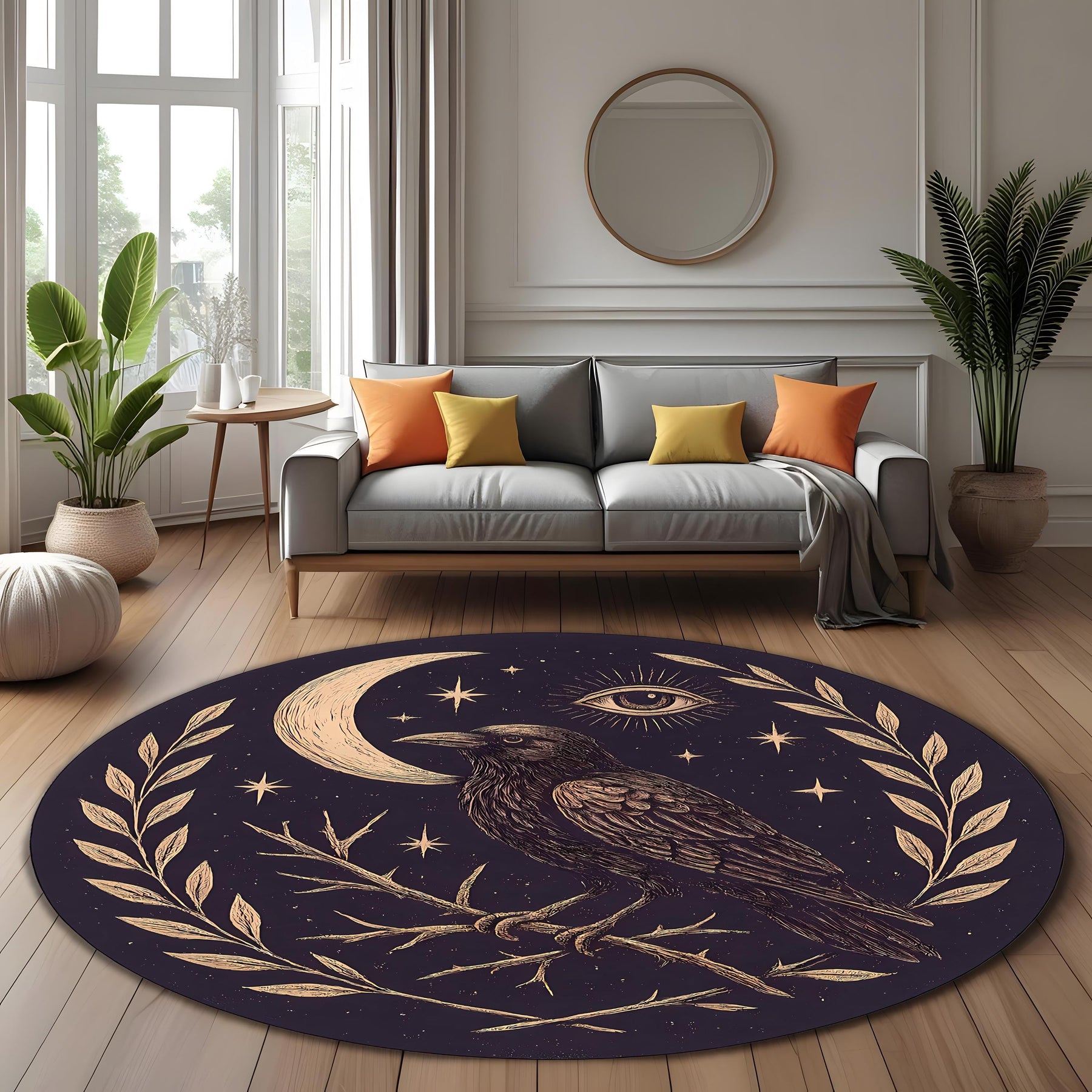 Raven Moon Round Rug: Mystic Crow Design With Eye & Stars For Gothic Or Occult Room Decor