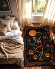 Dancing Skeleton Halloween Rug, Spooky Pumpkin Carpet with Full Moon and Bats, Vintage Halloween Decor for Living Room or Entryway