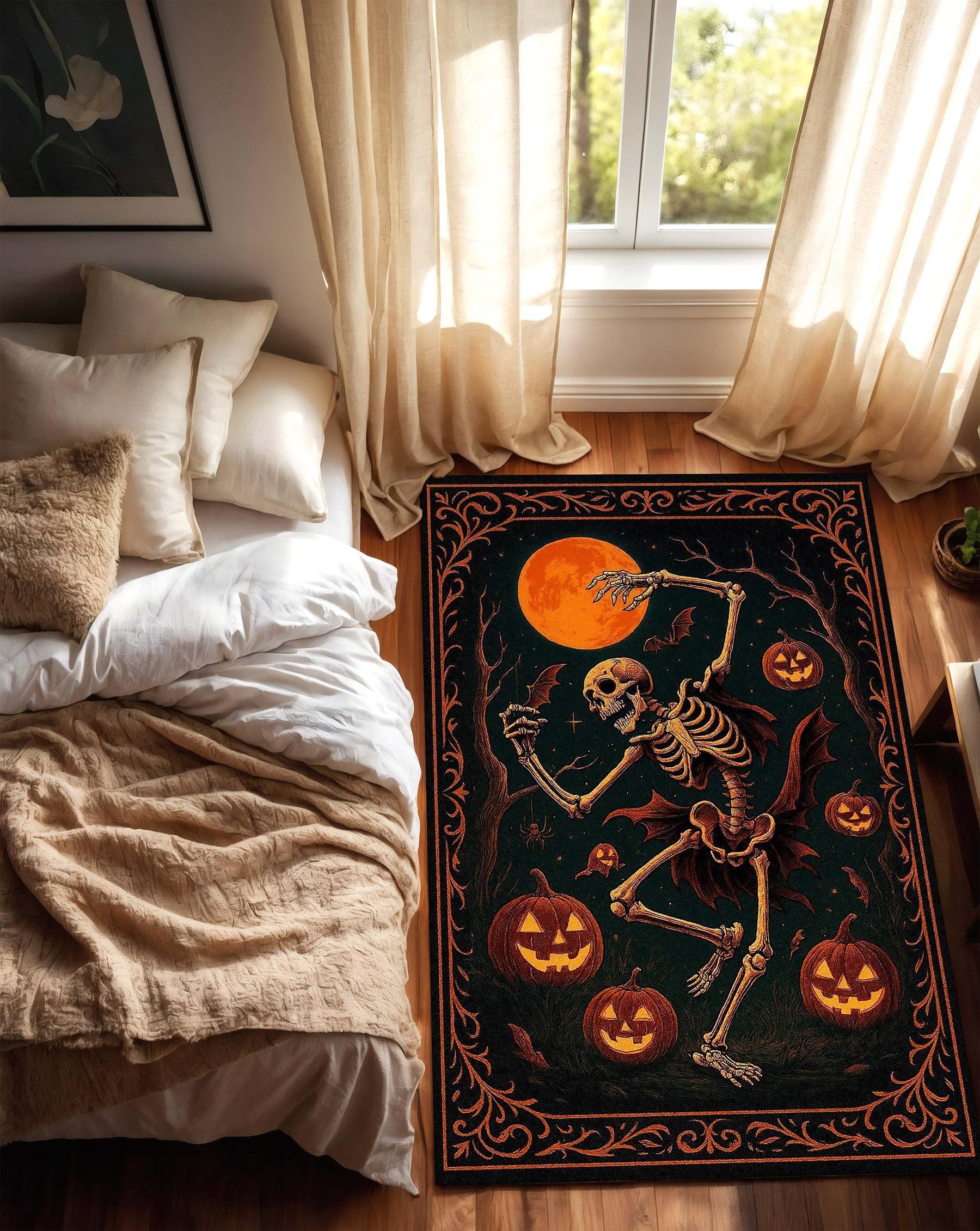 Dancing Skeleton Halloween Rug, Spooky Pumpkin Carpet with Full Moon and Bats, Vintage Halloween Decor for Living Room or Entryway