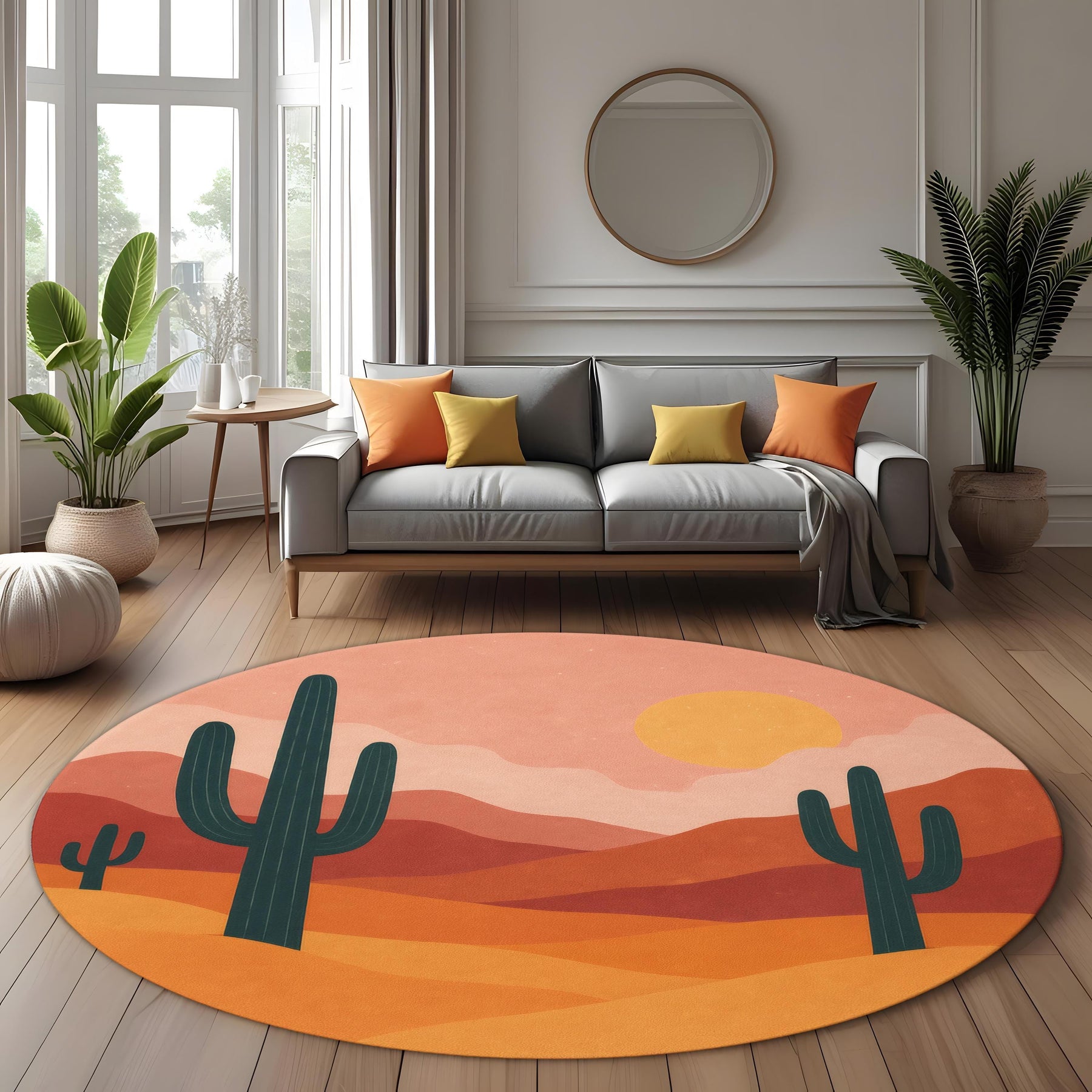 Desert Landscape Rug: Round Boho Carpet With Cactus And Sunset Abstract Design, Modern Southwestern Decor For Cozy Artistic Interiors