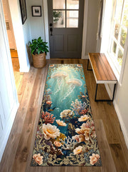 Underwater Jellyfish Runner Rug, Elegant Ocean Carpet with Coral Reef and Flowers, Fantasy Marine Floor Decor for Coastal or Cottage Homes