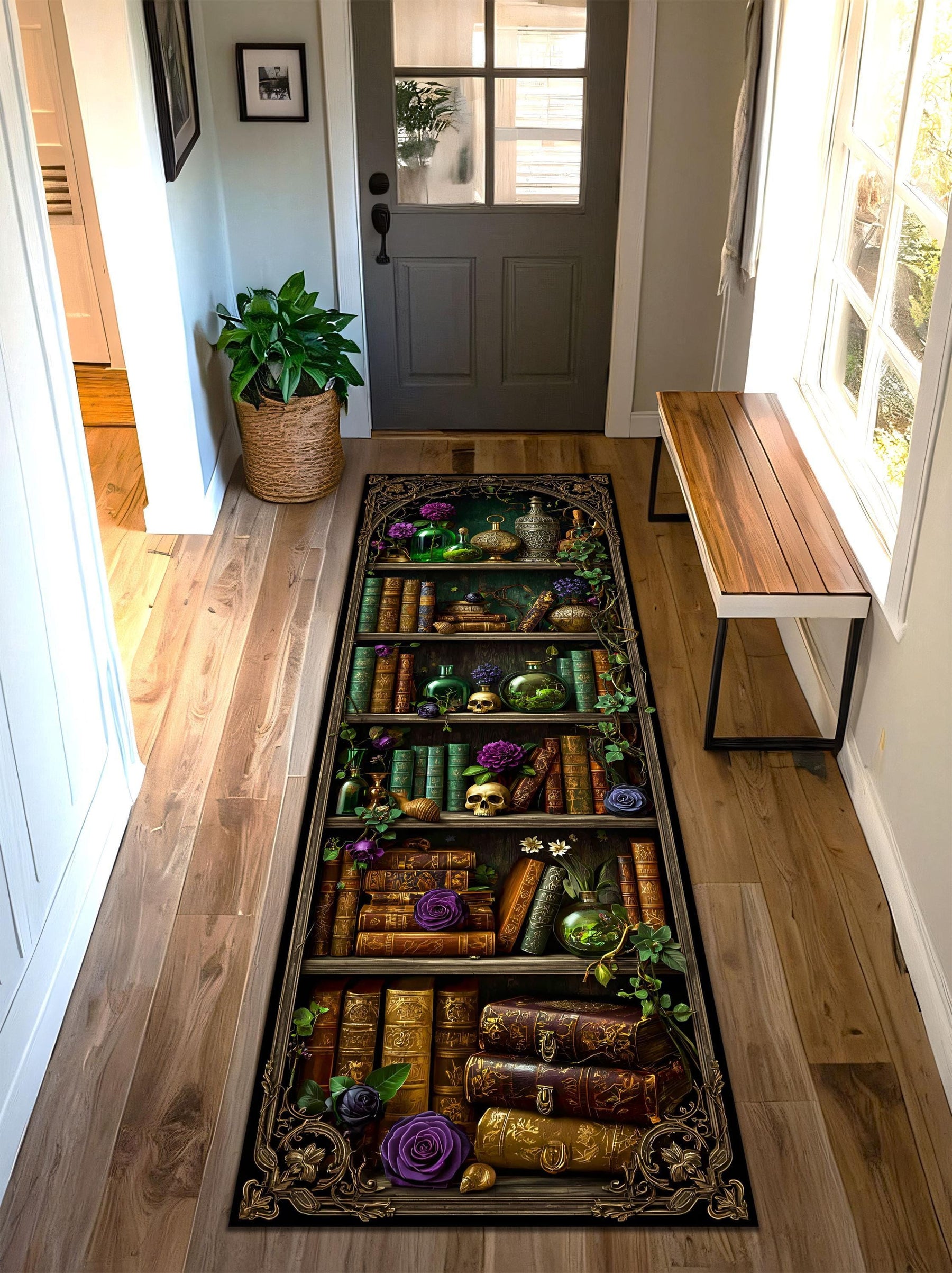 Witch Bookshelf Runner Rug, Gothic Witchcore Halloween Potion Shelf Carpet with Skulls, Dark Academia