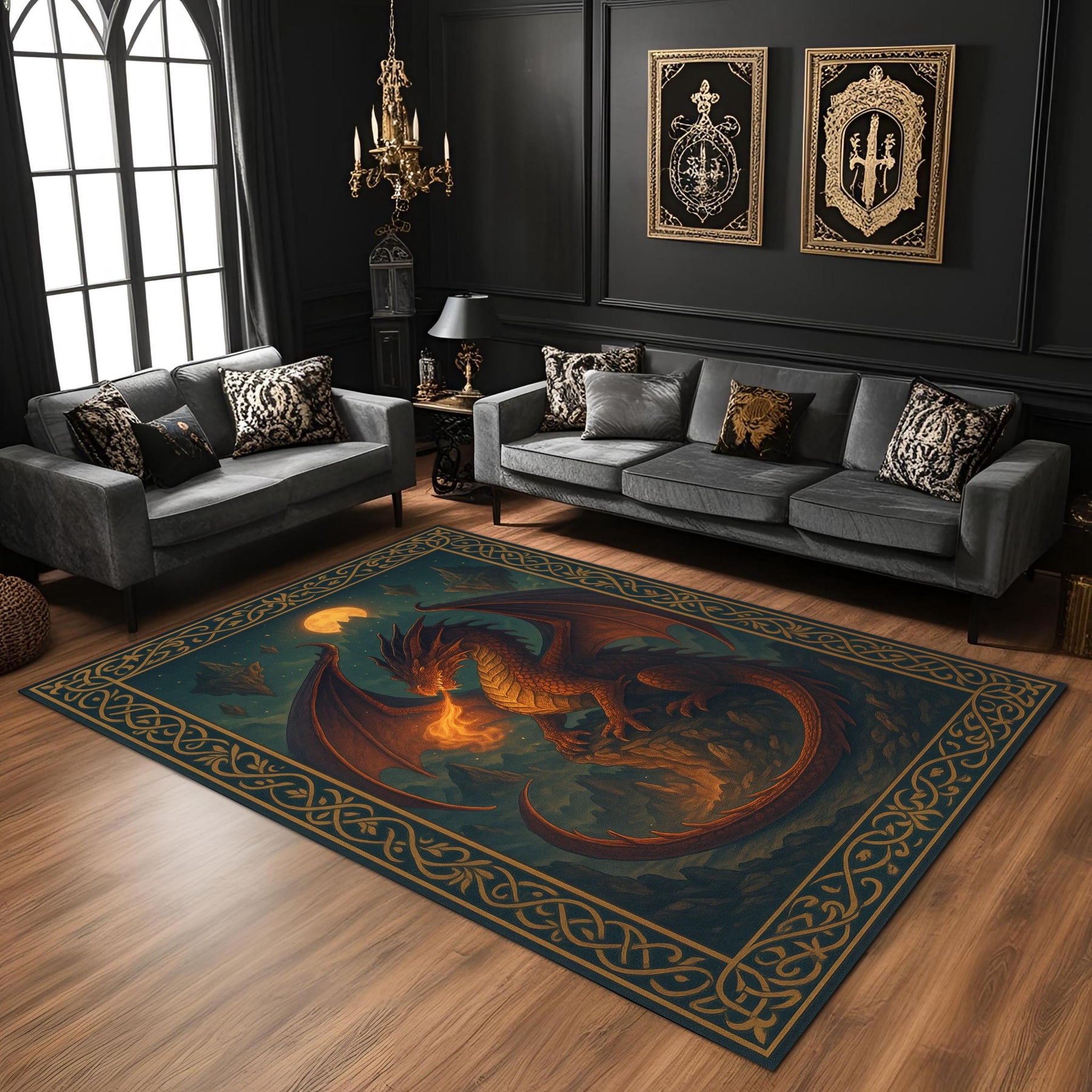 Fire Dragon Fantasy Rug, Medieval Dragon Carpet, Gothic Mythical Creature Rug, Washable DnD Area Rug for Gamer or RPG Room Decor