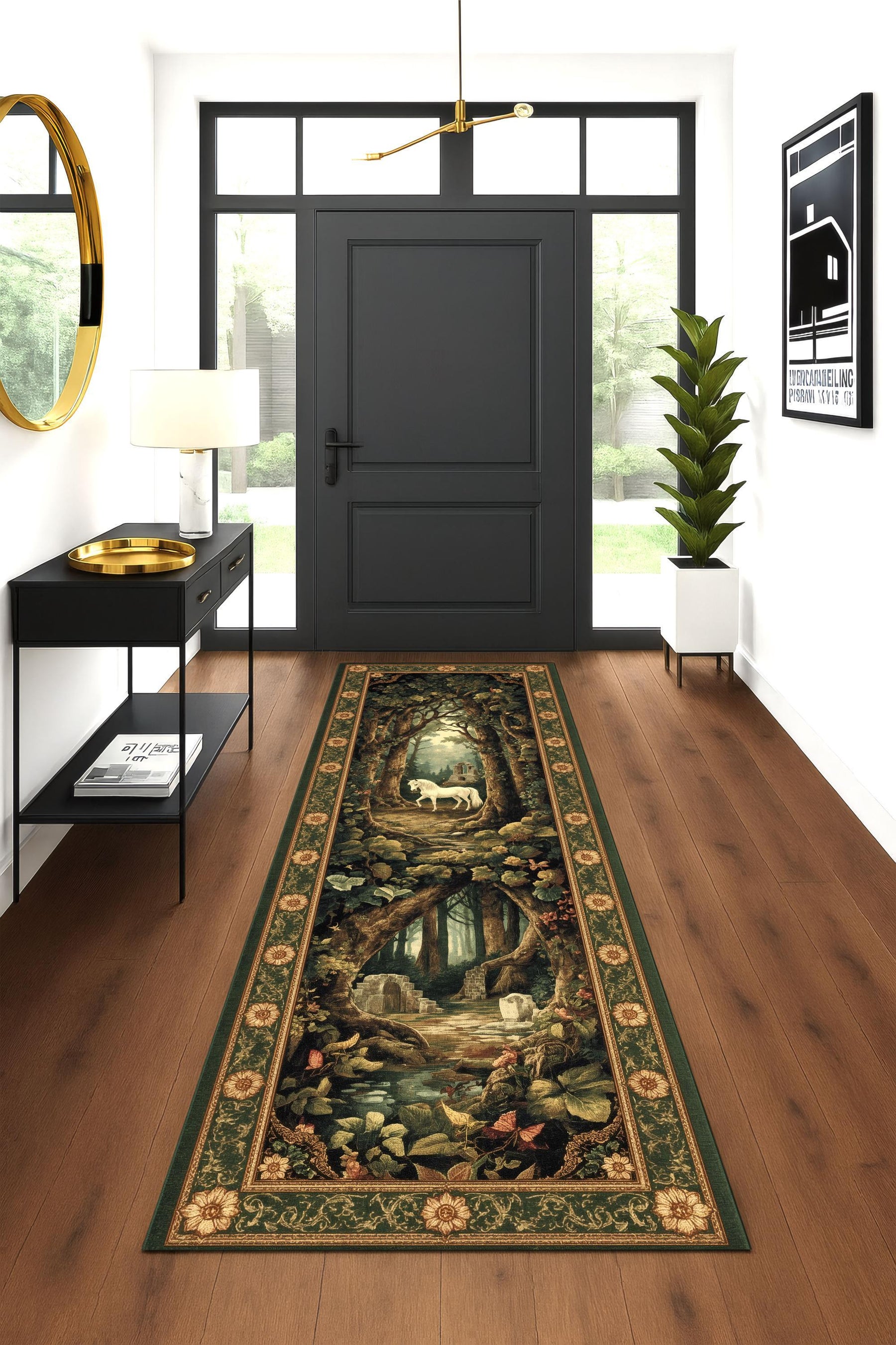 Unicorn Forest Runner Rug, Fantasy Tapestry Rug, Mystical Woodland Decor, Medieval Style Hallway Rug, Enchanted Unicorn Carpet, Washable Rug