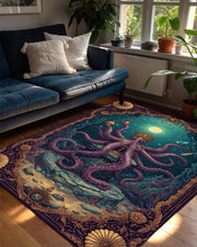 Octopus Area Rug, Nautical Kraken Carpet for Living Room, Whimsical Underwater Ocean Decor, Vintage Victorian Border, Purple Teal Boho