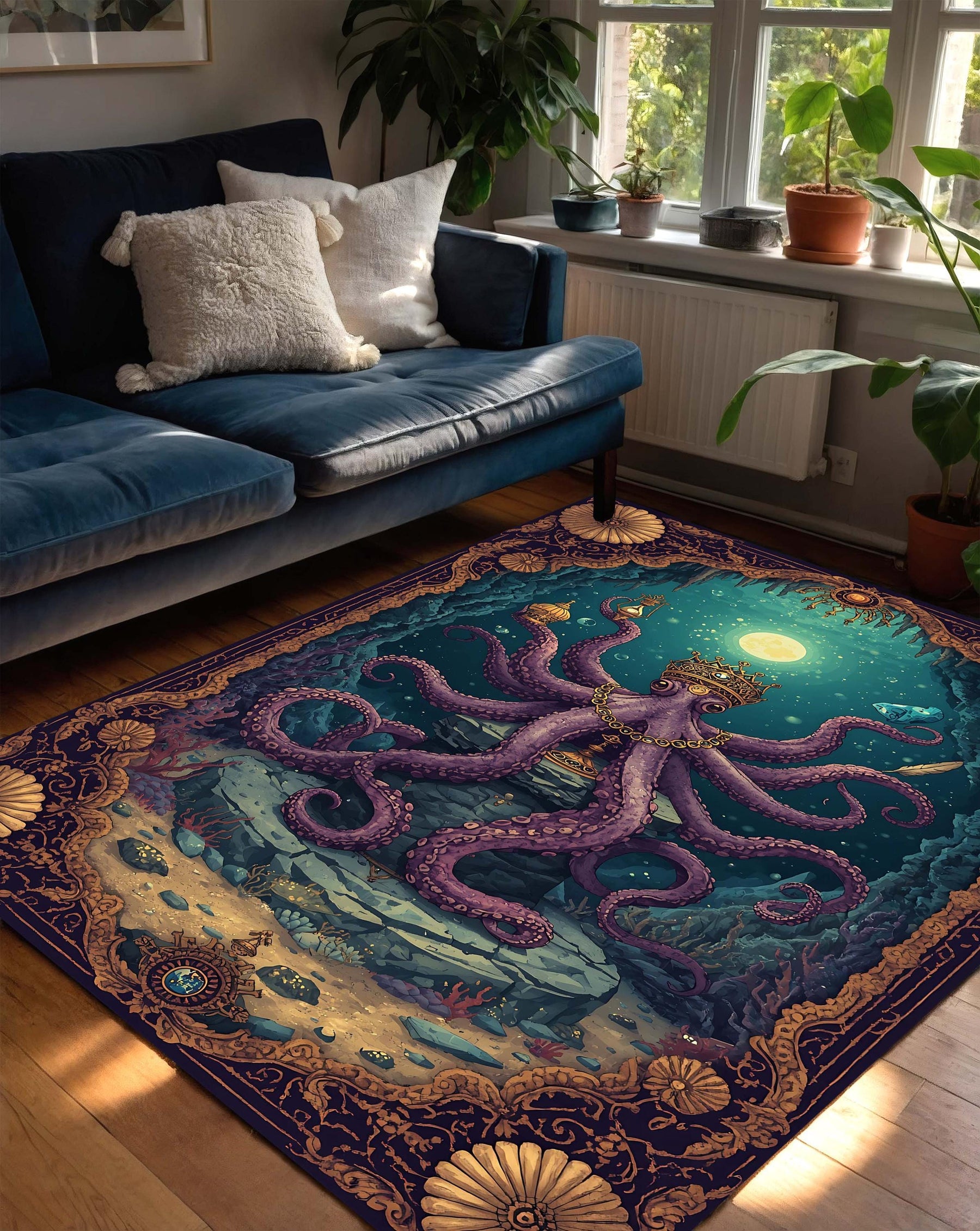 Octopus Area Rug, Nautical Kraken Carpet for Living Room, Whimsical Underwater Ocean Decor, Vintage Victorian Border, Purple Teal Boho