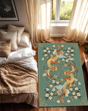 Oriental Dragon and Cherry Blossom Rug – Asian Mythology Inspired Art Carpet with Gold Dragon Design for Living Room or Bedroom