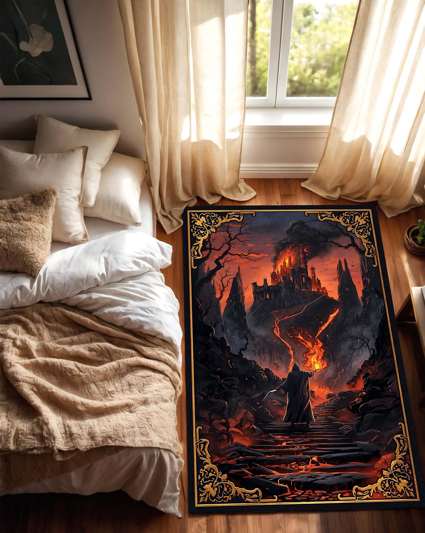 Dark Fantasy Burning Castle Area Rug, Lava Path Wizard Art Carpet for Living Room Bedroom Gamer Space & DnD Decor, Non Slip Soft Gift Rug