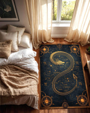 Celestial Ouroboros Serpent Star Map Rug, Vintage Astrology Constellation Chart Carpet in Navy and Gold, Mystical Occult Alchemy Decor