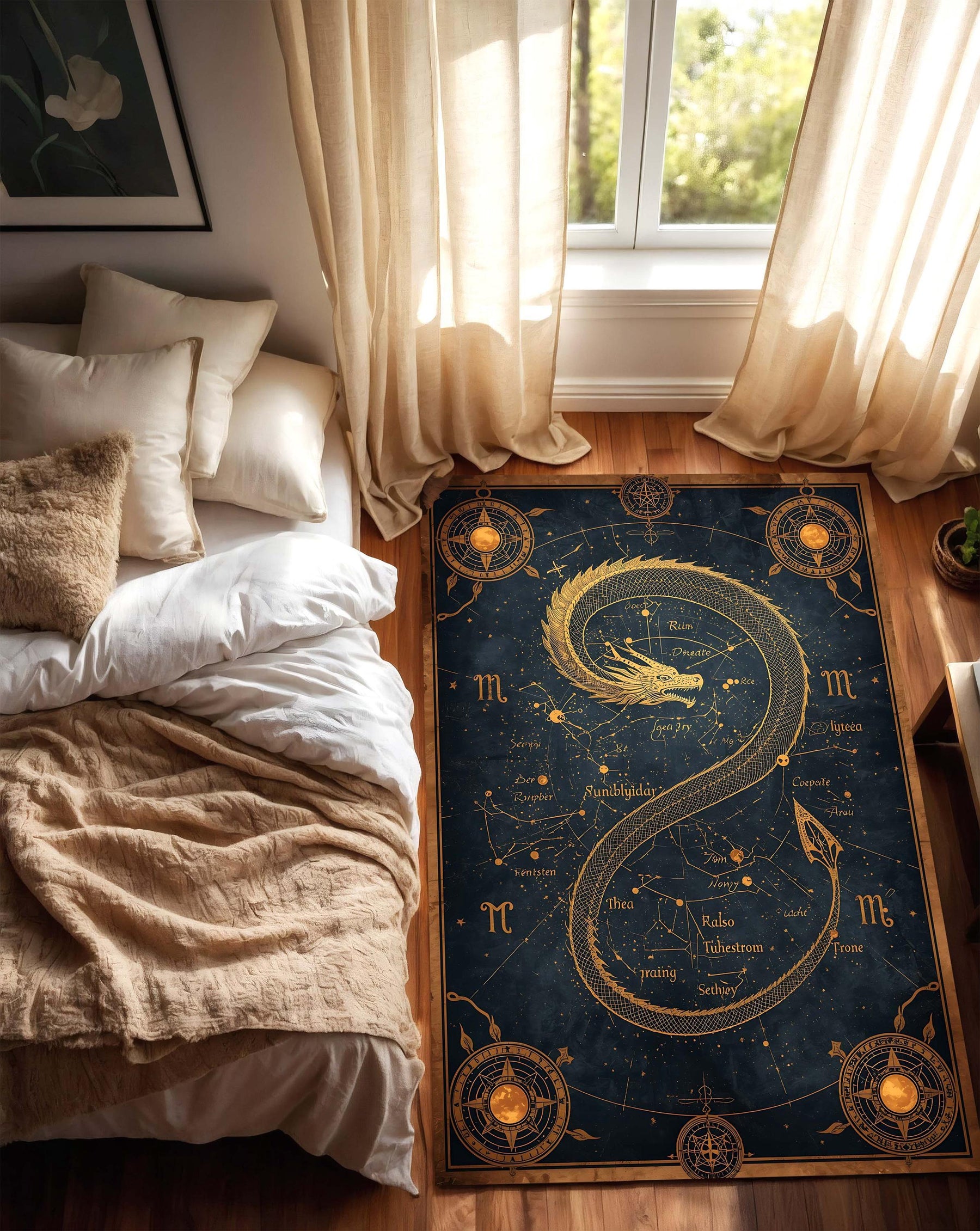 Celestial Ouroboros Serpent Star Map Rug, Vintage Astrology Constellation Chart Carpet in Navy and Gold, Mystical Occult Alchemy Decor