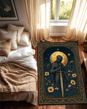 Medieval Tapestry Style Rug With Knight And Moon, Gothic Floral Carpet, Dark Fantasy Floor Rug For Castlecore Decor And Medieval Interiors