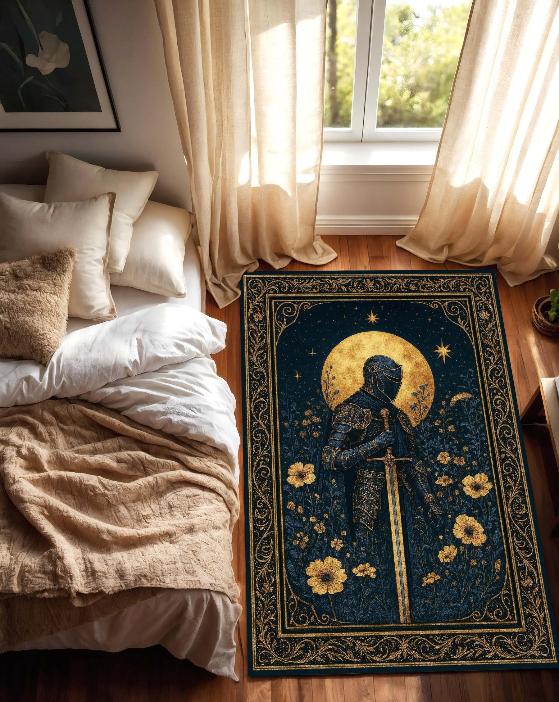 Medieval Tapestry Style Rug With Knight And Moon, Gothic Floral Carpet, Dark Fantasy Floor Rug For Castlecore Decor And Medieval Interiors